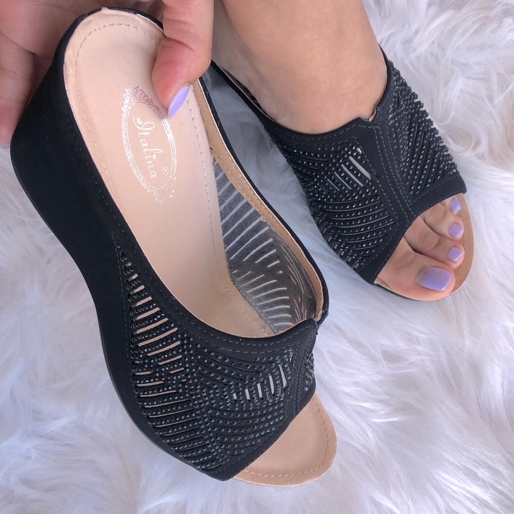 Last Pair! 6 Italina Black Studded Rhinestone Platform Wedge Heeled Sandal